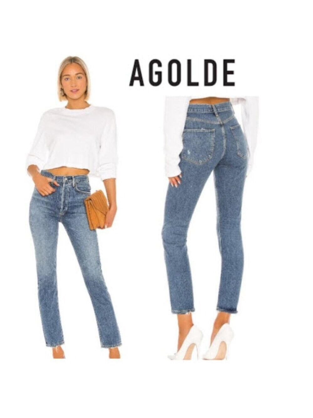 Agolde Riley Ankle Jeans Blue Size 25 High Rise Button Fly Straight Leg Preppy